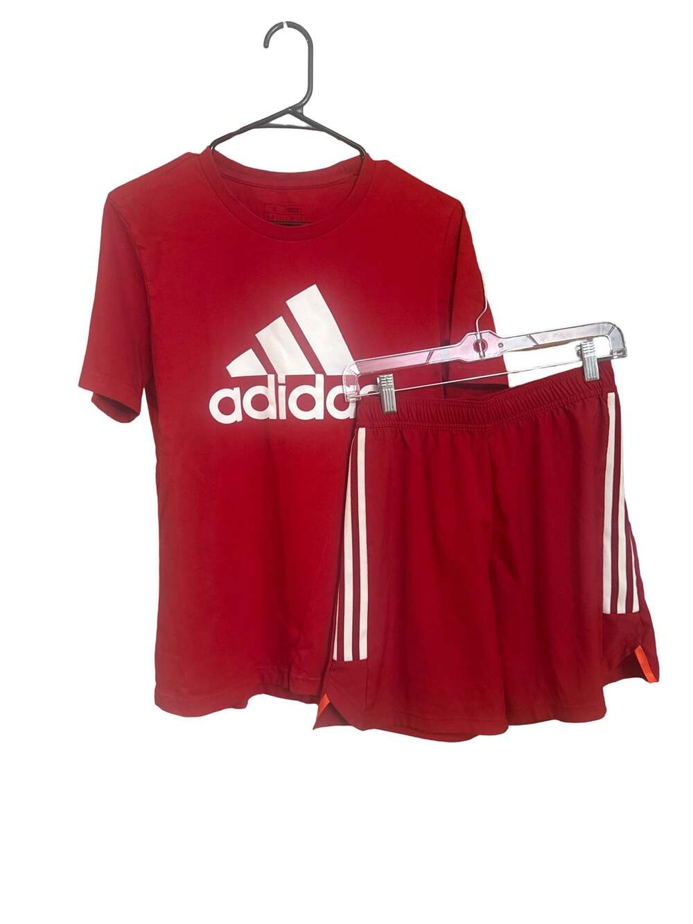 Adidas Men's Red Essentials Big Logo T-Shirt and 3-Stripe Performance Shorts Set